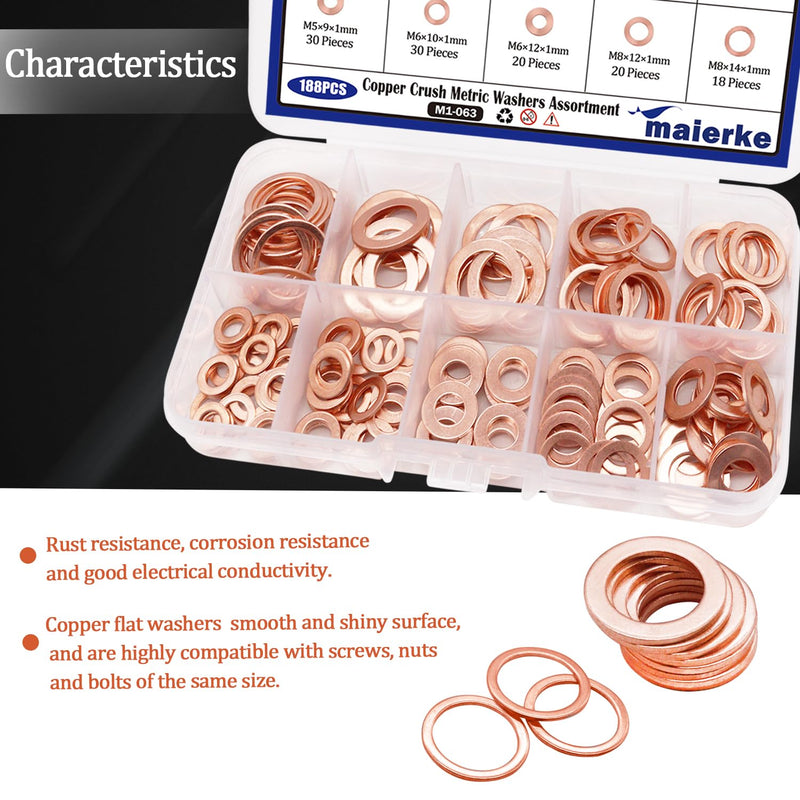 [Australia - AusPower] - 188PCS 9 Sizes Metric Copper Crush Washers Assortment Kit Flat Ring Sealing Washer M5 M6 M8 M10 M12 M14 