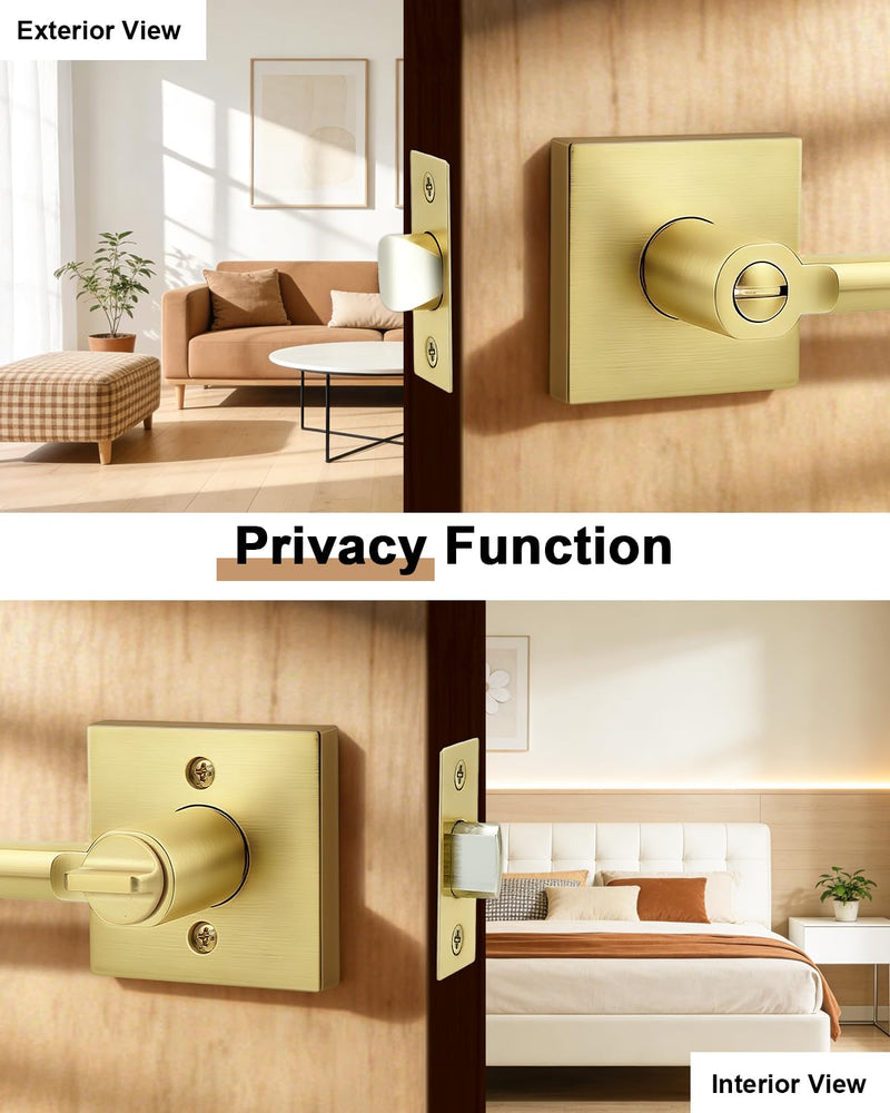 Probrico Door Handle Interior with Lock, Brushed Gold Bedroom Bathroom Lever, Heavy Duty Square Reversible for Right or Left Side Doors, 1 Pack Privacy