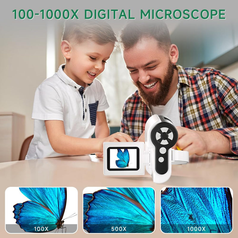 [Australia - AusPower] - Microscope for Kids, 1000X Handheld Digital Microscope with 2" LCD Screen Portable Mini Microscope for Kids 3-12, PC Compatible, 32GB TF Card Included, Great Educational Tool - White & Black 