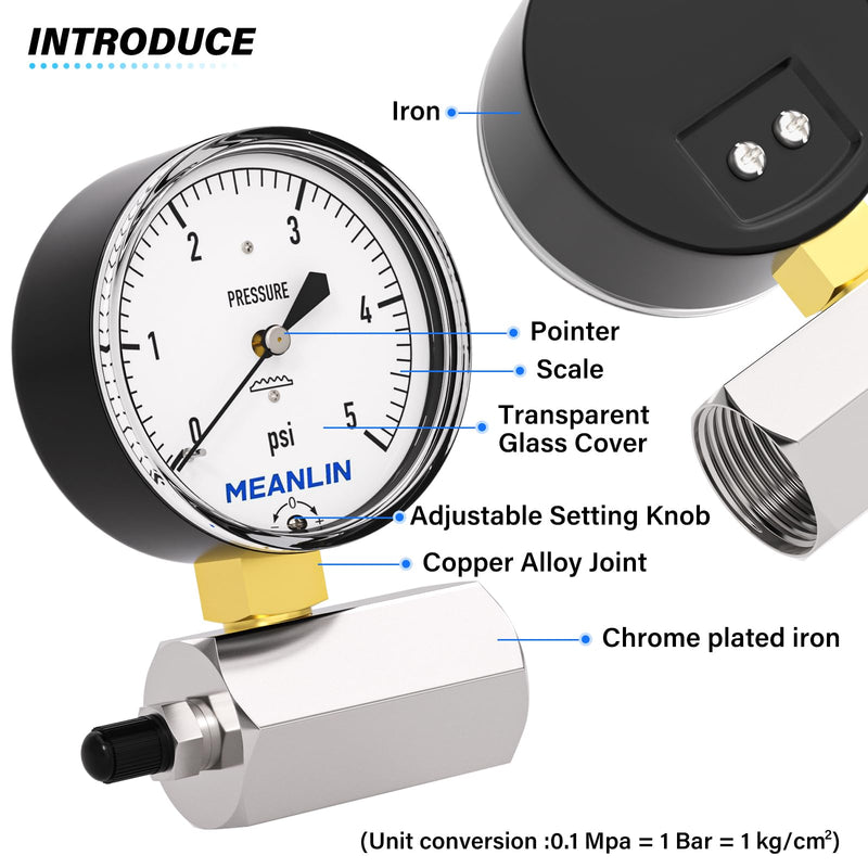 [Australia - AusPower] - MEANLIN MEASURE 0-5Psi Diaphragm Type Capsule Low Pressure Gauge with 3/4" FNPT Connection Valve, 2-1/2" FACE DIAL Adjustable Air Test Pressure Gauge Chrome Body 