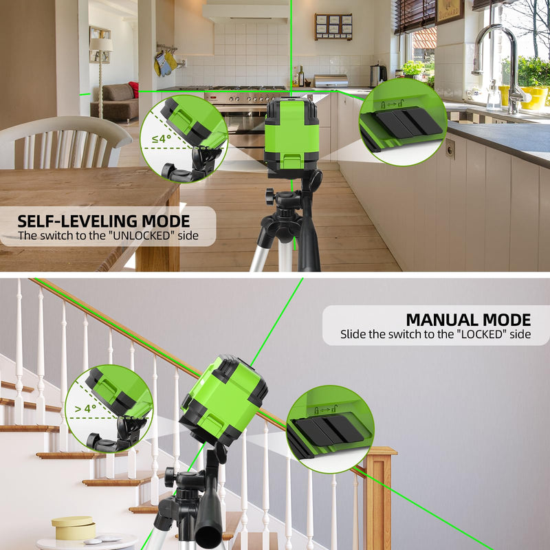 360° Laser Level with Tripod, Huepar 98Ft Self Leveling Laser Level Accurate Green Cross Line Laser Leveler Tool for Picture Hanging, Tile, Construction Indoor Project, Battery&Carrying Bag Included