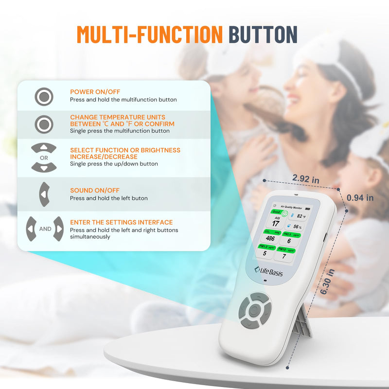 LifeBasis Air Quality Monitor Indoor, 10-in-1 Air Quality Detector with Stand, Real-Time Air Meter Test AQI, PM1.0, PM2.5, PM10, CO2, TVOC, HCHO, Particles, Temperature and Humidity with Alert -White White