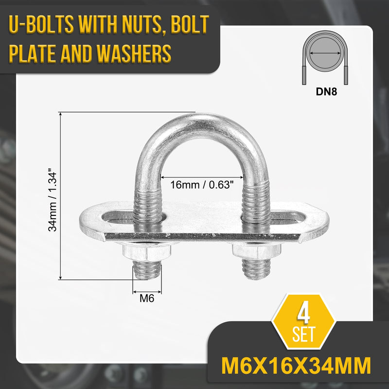 [Australia - AusPower] - M6x16x34mm U Bolts Round Kit - 4Set - 304 Stainless Steel U-Bolt Kit with Nuts, Washers, Frame Plate - Good for DN8 Pipe, Trailer, Automotive, Leaf Spring Fastener M6x16x34mm DN8 Silver tone 4 