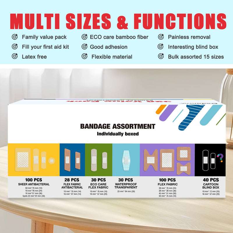 [Australia - AusPower] - Variety Bandages Pack,328ct Assorted Bulk Various Sizes, Shapes &Features | Sheer & Flex Fabric with Benzalkonium, ECO Bamboo Fabric, Waterproof, Cartoon Blind Box Fragrance Bandages 