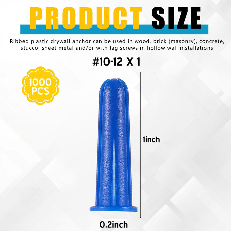 Glooglitter 1000 Pcs 10-12 x 1 Inch Plastic Wall Anchors Blue Ribbed Drywall Conical Anchors for Hollow Walls Concrete Brick Masonry Furniture Pictures Artwork Decor Light Duty Anchoring Application