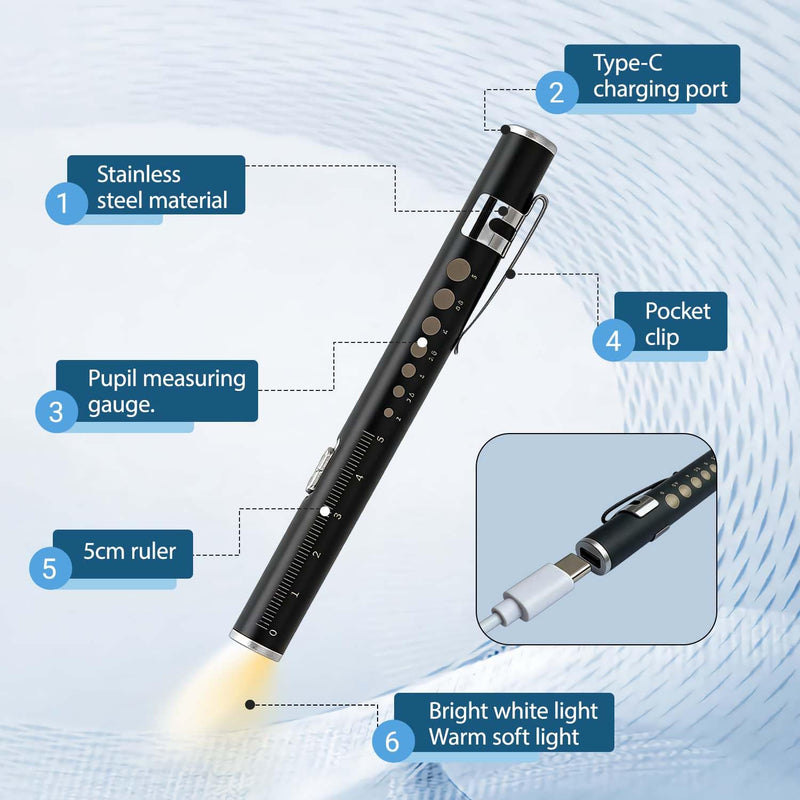 Pupil Light, Set of 2, LED Pen Torch Made of Stainless Steel with Clip, Handy Penlights, Black and Silver