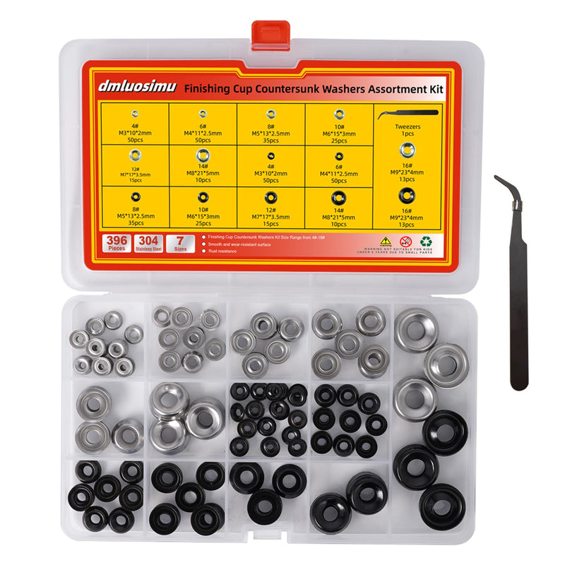[Australia - AusPower] - 396pcs Stainless Steel Countersunk Cup Washers Kit-4#-6#-8#-10#-12#-14#-16# Natural/Oxidized Blackening Plated for Furniture, Automotive, Plumbing & DIY 