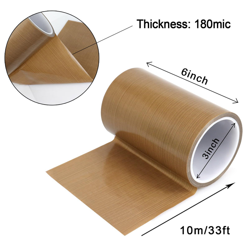 BOMEI PACK PTFE Glass Cloth Tape, 1 Pack 6 "x 33 ft High Temperature PTFE Tape Abrasion Resistant Surface Protection for Vacuum Sealer Machine, Hand Impulse Sealers Insulation Coated 1R Teflon 6in33ft