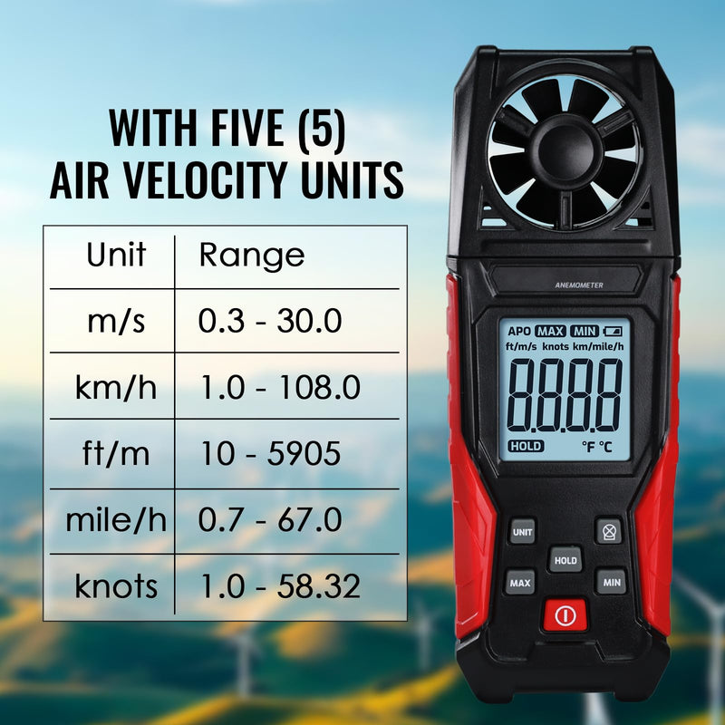 [Australia - AusPower] - Digital Anemometer Handheld Wind Speed Meter – Measures Wind Speed in m/s, km/h, ft/min, mph, Knots & Air Temperature – Max/Min, Data Hold, Backlit Display – for HVAC, Sailing, Weather, Drone Flying 