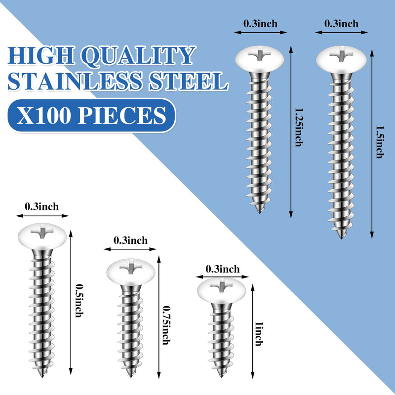 [Australia - AusPower] - 100 Pcs #8 White Pan Head Screw White Sheet Metal Screw Self Tapping Stainless Steel Wood to Metal Screws for Wall Plates Switches Covers Replacement, 5 Sizes 100 