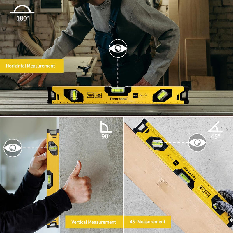 [Australia - AusPower] - Teronbeta Aluminium Alloy Spirit Level 400 mm/16 Inch Shock Proof Torpedo Level with Magnetic Base and 3 Bubble 45°,90°,180° - Yellow/Black 400mm 