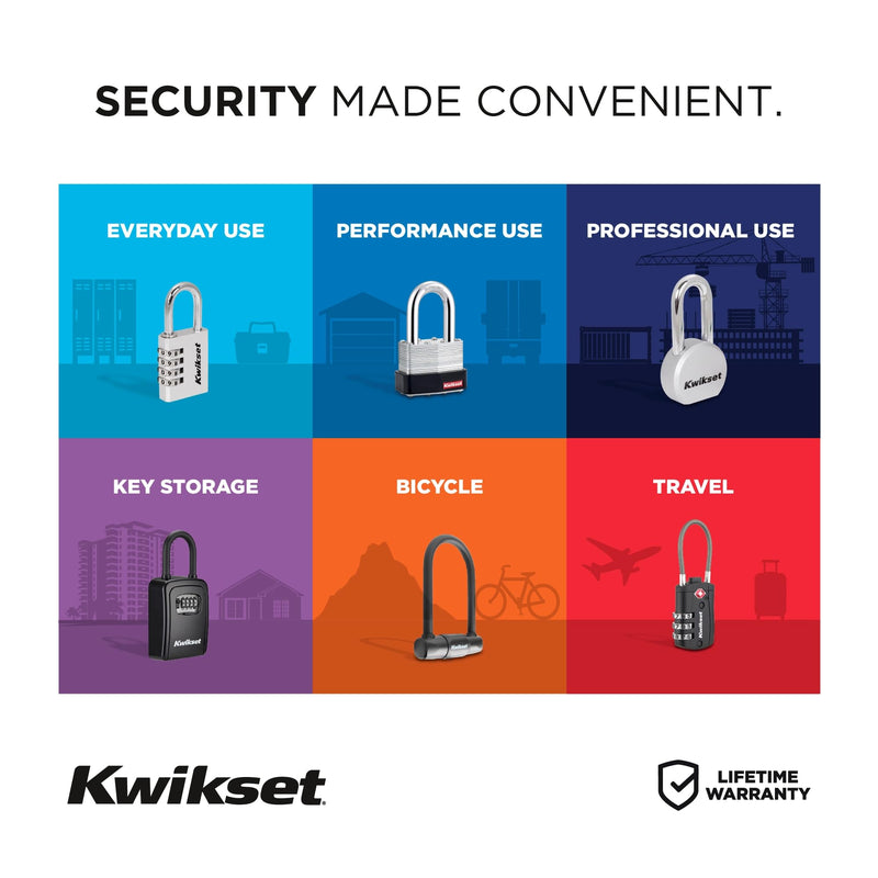 Kwikset Laminated Steel Padlock with Hardened Steel Shackle, Outdoor Gate and Fence Lock, 1-9/16 in Body, 1-1/2 in Shackle, 4 Pack Keyed Alike, Silver 1-1/2 " Shackle