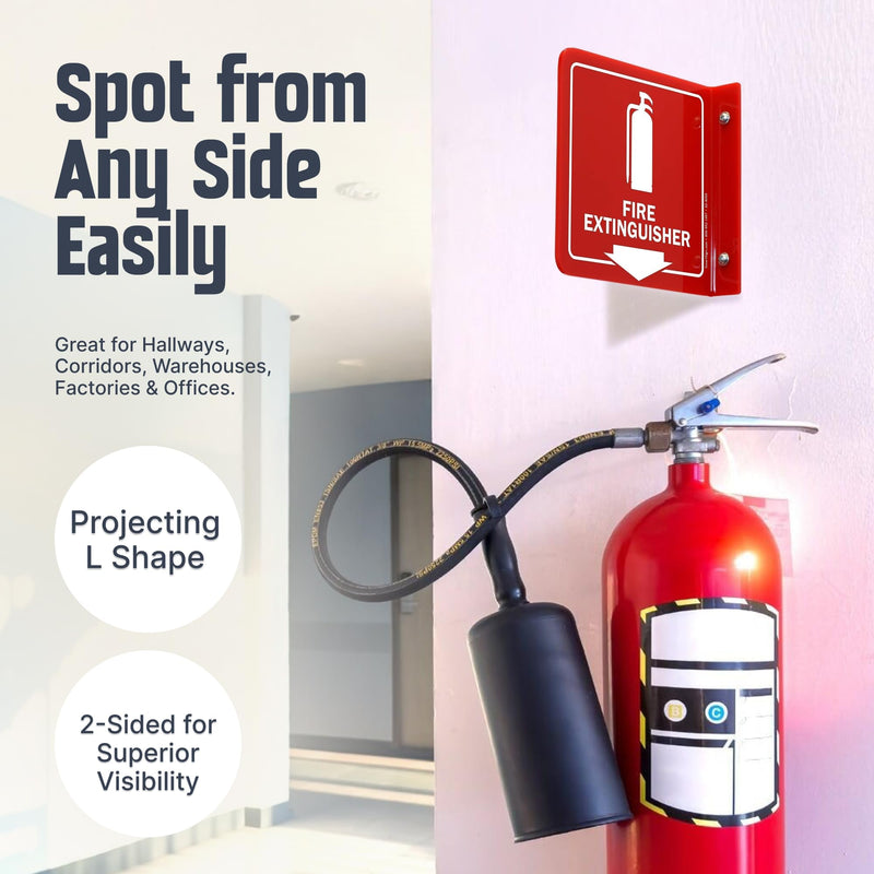 SmartSign (4-Pack) Fire Extinguisher Projecting Sign - 6" x 6", Two-Sided Wall Mount Polished Acrylic Hallway Sign with Down Arrow, White on Red 6" x 6" - Pack of 4