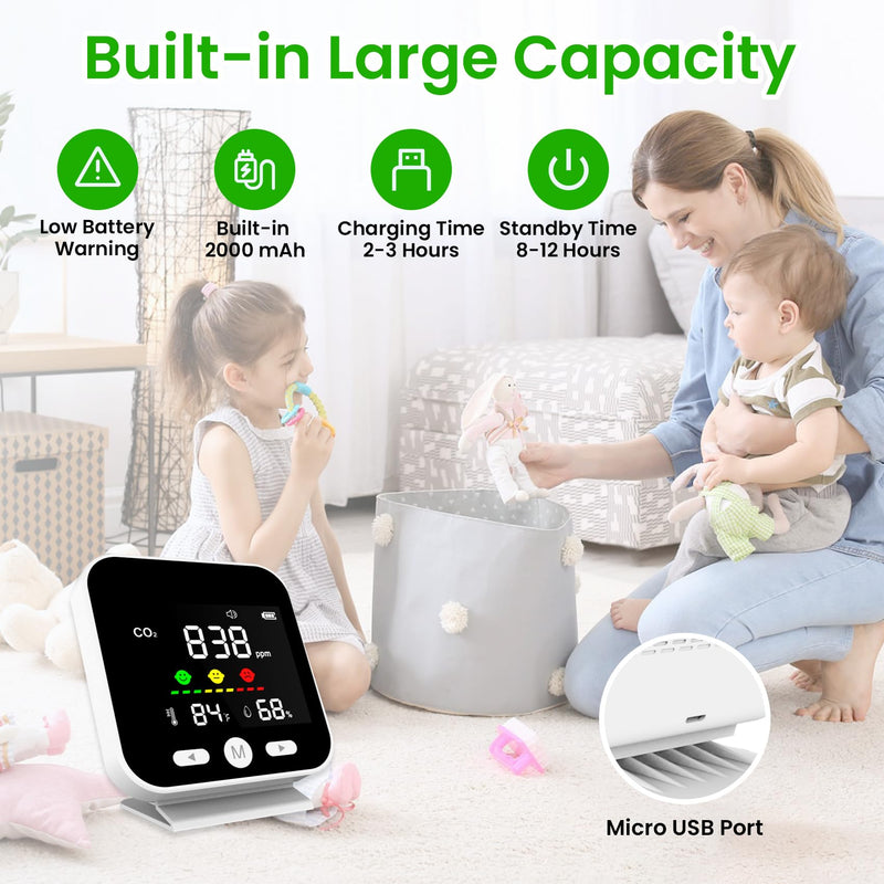 [Australia - AusPower] - CO2 Detector with Bonus Humidity & Temperature Readings & Alarm, 3-in-1 Air Quality Monitor Indoor, Portable CO2 Detector for Travel, Air Quality Tester for Home, Hotel, Office, Car 