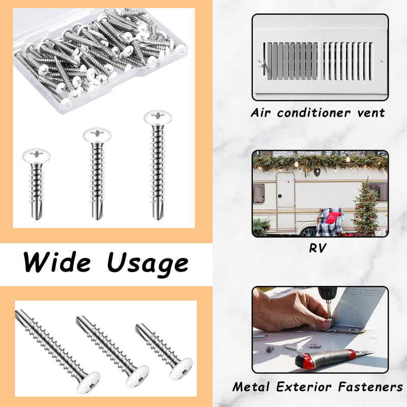 [Australia - AusPower] - 120 Pcs #8 White Pan Head Screw White Sheet Metal Screws Self Tapping Screws for Metal Quad Drive Self Tapping Drill Screws Cargo RV Exterior Fasteners, Enclosed Trailer Repair Screws,3 Sizes 