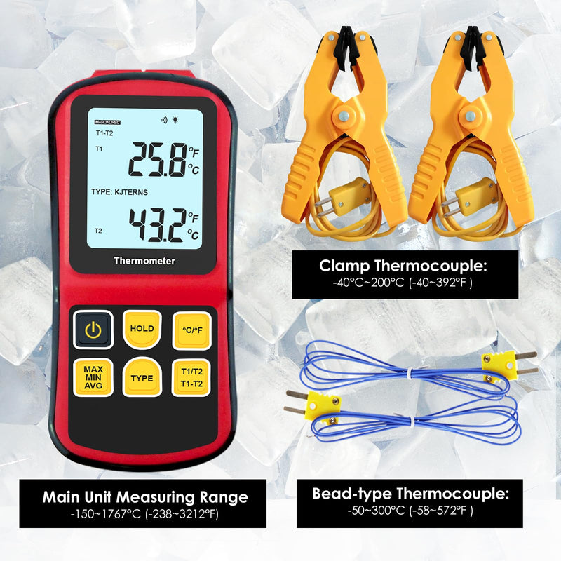 [Australia - AusPower] - Digital K Type Thermocouple Thermometer, Dual Channel Thermocouple Tester(-238~3212℉) with 2 Temperature Clamp and 2 Wired Thermocouple Probes Red 