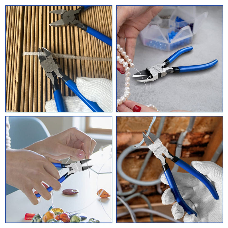 [Australia - AusPower] - Wire Cutters 2 Pack, 6.5 inch,KAIHAOWIN Flush Cutters Diagonal Cutters Side Cutters Precision Ultra Sharp Spring Loaded Wire Snips Clippers Dikes Cutting Pliers Small for Crafting Jewelry Making,Blue 6"x2 PCS 