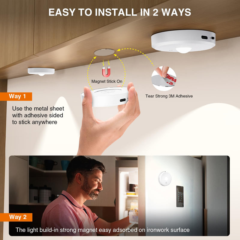 [Australia - AusPower] - Puck Lights with Remote Control Rechargeable,Wireless Under Cabinet Lighting,2000mAh Battery Operated Tap Push Touch Lights,Stick On Lights for Counter,Shelf,Bookcase (White, 3 Pcs) 3 PACK White 