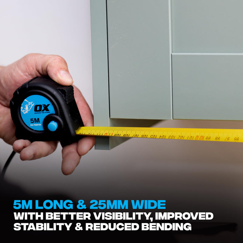 OX OX-T029105 Metric Only Trade Measure Tape, Black/Blue, 5 m | 5 m professional tape measure with 25 mm nylon blade, Duragrip rubber case