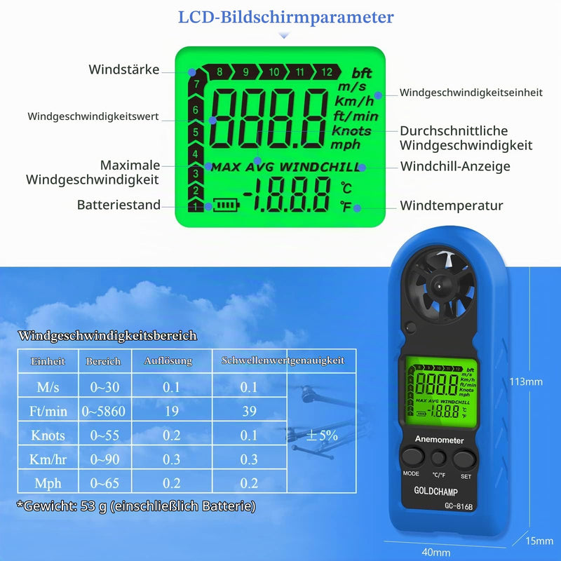 Hand Wind Gauge, Mini Digital Wind Speed Meter, Measures Temperature, Max/Average/Current, Windchill Indicator, LCD Backlight HVAC and Outdoor Activities blue