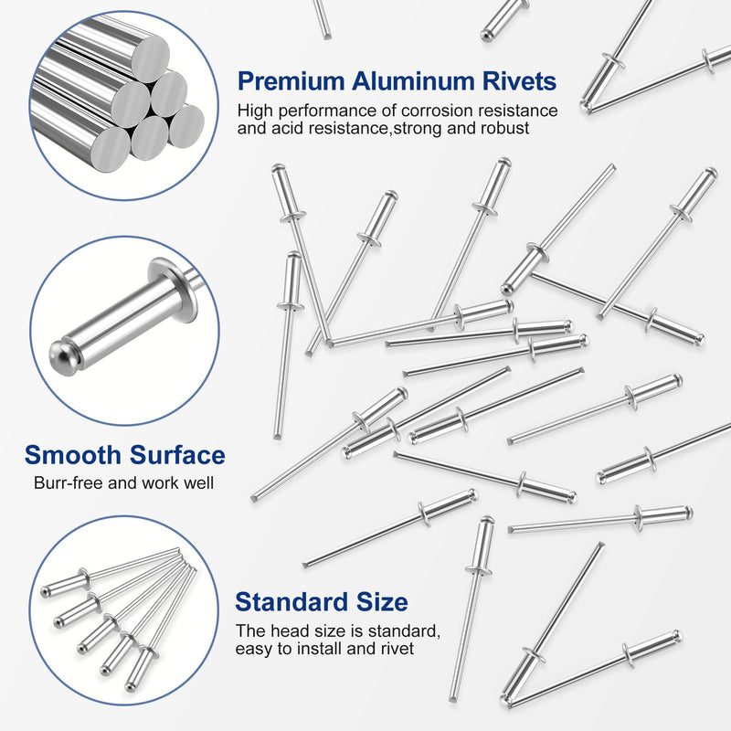 [Australia - AusPower] - WORKPRO 200Pcs Aluminum Blind Rivets, 1/8" x 3/8" Pop Rivets Assortment, Aluminum Grip and Steel Mandrel, for Metal, Marine Boat, Automotive, Railway, and Duct Work- Pack of 200, Silver 1/8" x 3/8" 