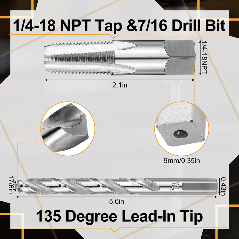 [Australia - AusPower] - 1/4-18 Npt Tap 7/16 Drill Bit, M2(6542) High Speed Steel Tap and Drill Bit Sets for Accurate Threads, Assorted Plumbers Mechanics DIY Thread Cutting Tools 1/4-18 NPT Tap 7/16 Drill Bit 