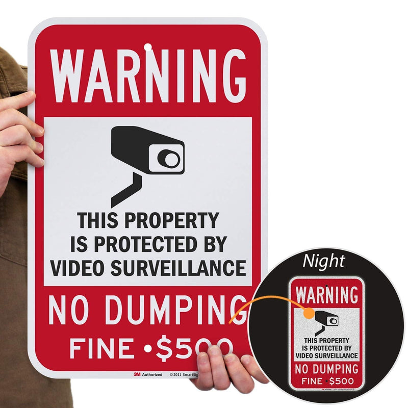 SmartSign - K-7486-500-EG-12x18 "Warning - Property Protected by Video Surveillance, No Dumping" Sign | 12" x 18" 3M Engineer Grade Reflective Aluminum 12" x 18" 3M EG Reflective Aluminum