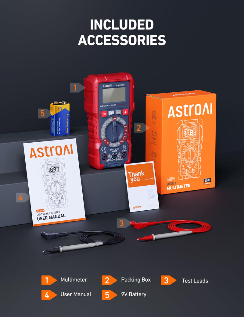 [Australia - AusPower] - AstroAI Digital Multimeter Voltage Tester, TRMS 2000 Counts Volt Meter; Fast and Accurately Measures AC/DC Voltage & Current, Resistance, Diode, Continuity and NCV (DM200M) 