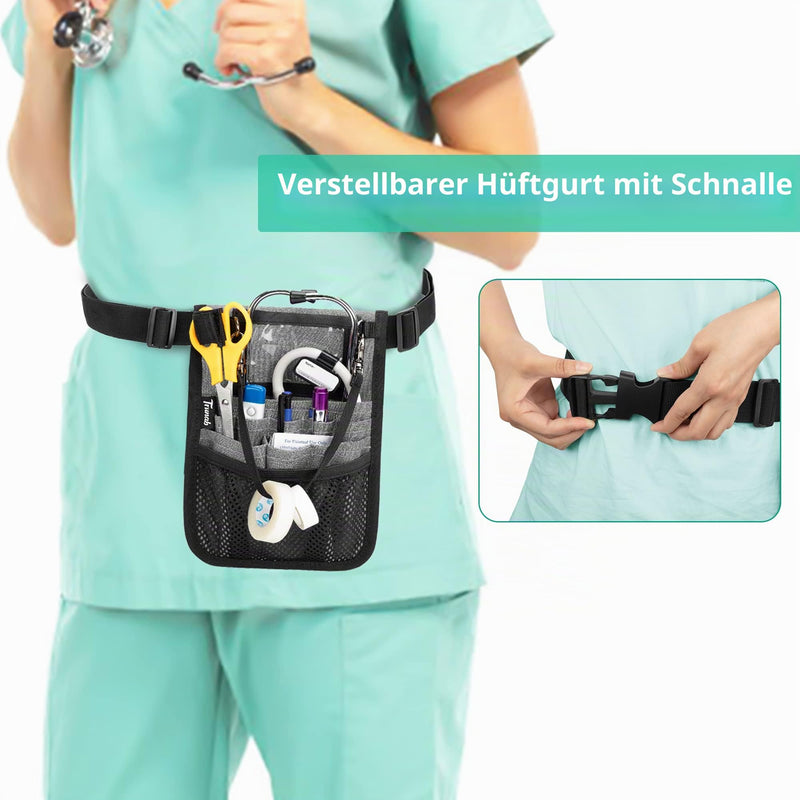Trunab Nurse Belt Bag with Multiple Compartments, Grey | Organiser for medical accessories such as scissors, tape, stethoscope, thermometer, nursing bag Gray