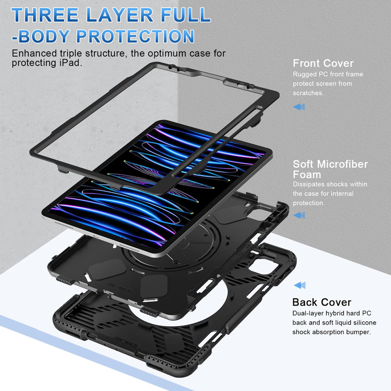 [Australia - AusPower] - SUPFIVES Case for iPad Pro 11 inch (2022/2021/2020), Upgraded Military Grade Shockproof Protector Silicone iPad Pro 11 4th Gen Cover Pencil Holder+ Handle+ Shoulder Strap+ Rotating Kickstand, Black Ipad pro 11 inch 2022/2021/2020/2018 