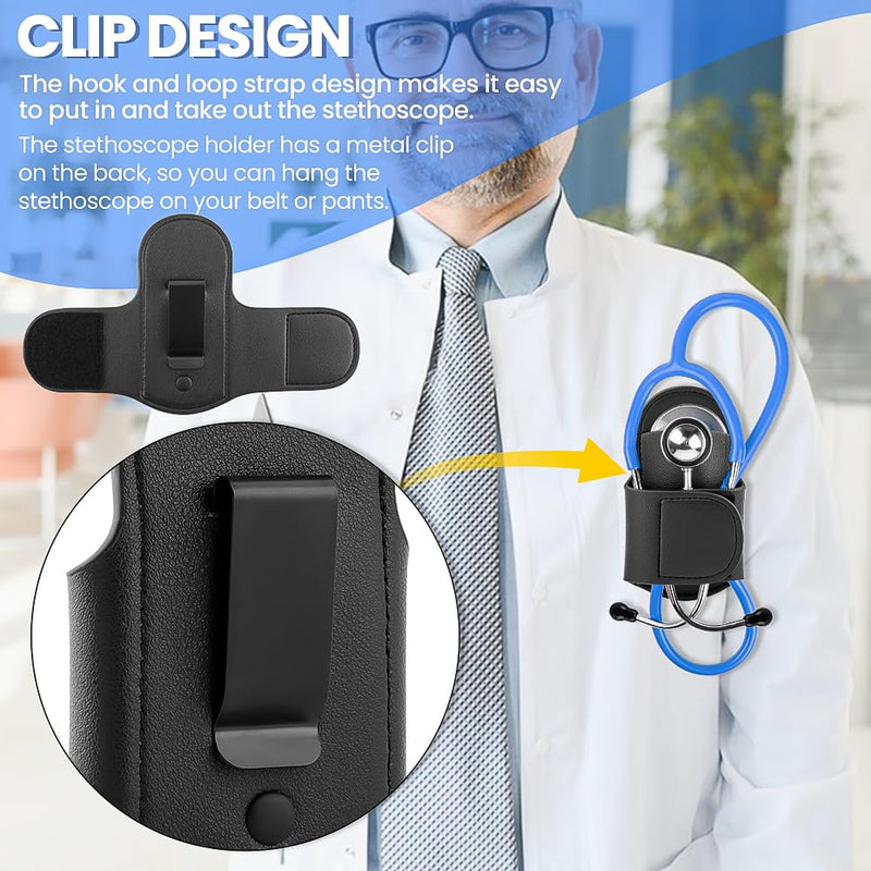 [Australia - AusPower] - Stethoscope Holder Hip Clip PU Leather Compatible with Littmann and Most Stethoscopes for Physicians, Nurses, EMT, Medical Nursing Students Black 