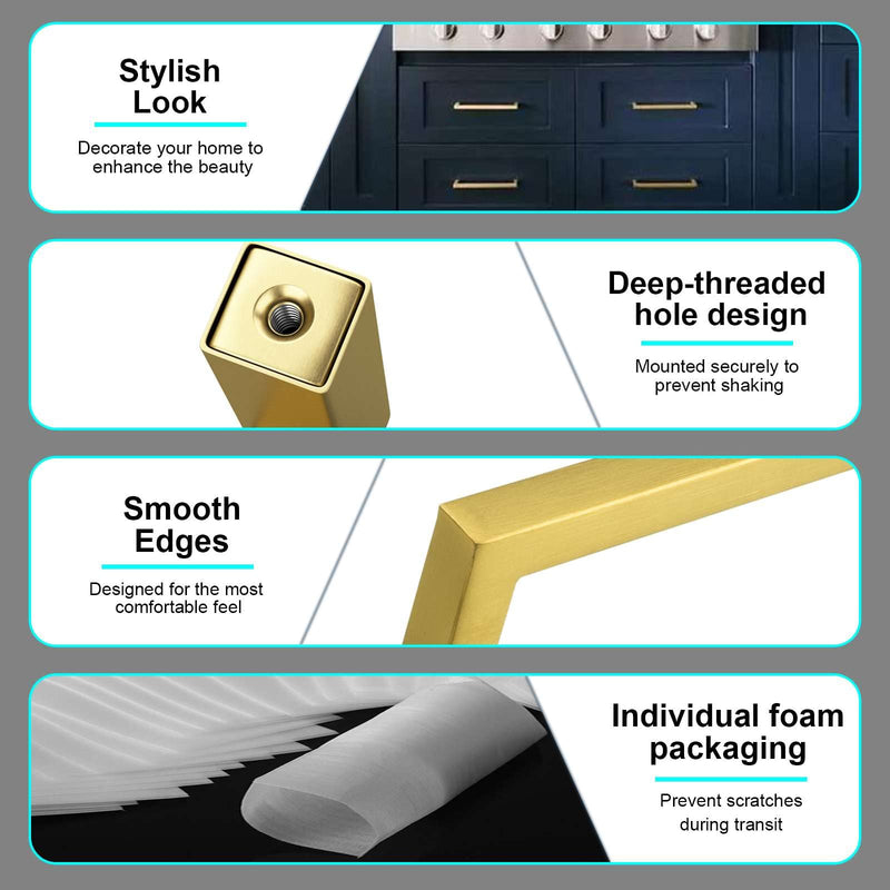 Modket Euro Square Cabinet Handle Pull 304 Stainless Steel — 3-3/8" Overall Length, 3" (76mm) Hole Centers, Brushed Satin Brass Gold— 10-Packs 3-3/8" Length (3" [76mm] Hole Center)