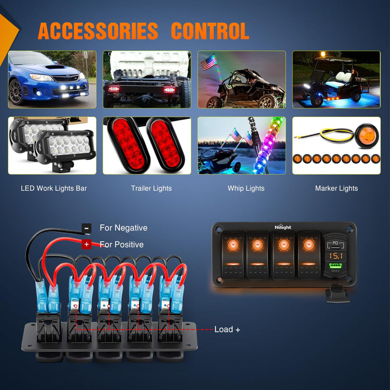 Nilight 4 Gang Rocker Switch Panel with PD Type C and USB Charger Voltmeter 12V SPST ON Off Toggle Switches with Orange Backlit Waterproof Aluminum for Boats Cars RVs Trucks Amber 5 Gang Type C +USB