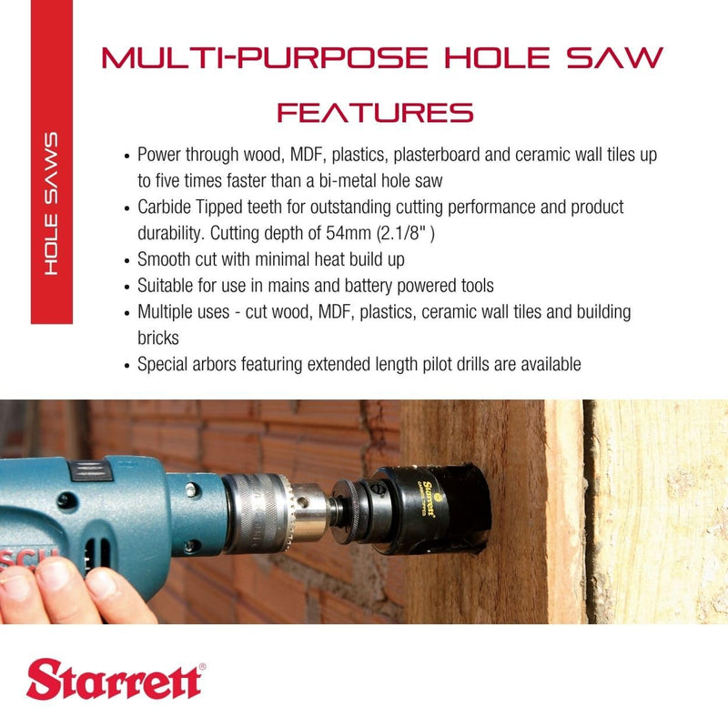 Starrett Carbide Tipped Multi-Purpose Hole Saw - Ideal for Wood, MDF, Plastics, Plasterboard and Ceramic Wall Tiles - 2-1/8" Cutting Depth, 2-1/2" Diameter - MPH0212 2-1/2"