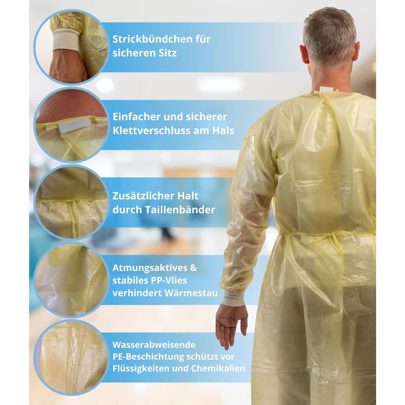 Pack of 10, yellow, disposable PP + PE protective gown, optimal protection, disposable gown with knitted cuffs and fastener, premium surgical gown (125 x 140 cm)