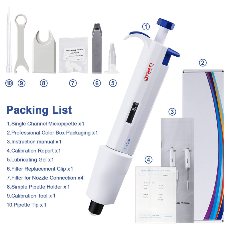 [Australia - AusPower] - FOUR E'S SCIENTIFIC 1-10ML Single-Channel Pipettor Adjustable Variable Volume Micropipette High Accurate Pipettor for Laboratory 10 (1-10mL) 
