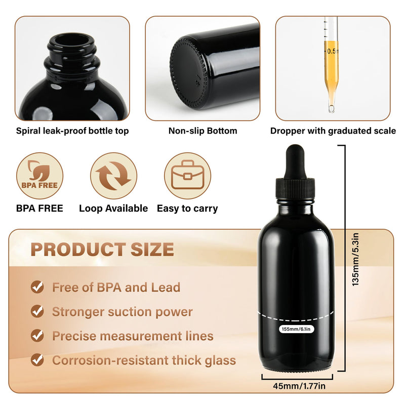 [Australia - AusPower] - 4 Pcs 4oz Black Glass Eye Dropper Bottle, Tincture Bottles With Leak-Proof Design, Stronger Suction for All Kinds of Mixed Liquids 4oz-4Pack 