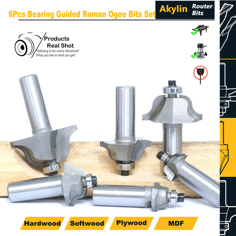 6Pcs Roman Ogee Router Bit Set,1/2" Shank,Decorative Edge Bits Double Radius 3/32", 1/8",5/32",3/16",7/32", 1/4" and,5/16" Edging Cutter for Wood Profiling,Routing,Molding 6 pcs - 1/2" Shank