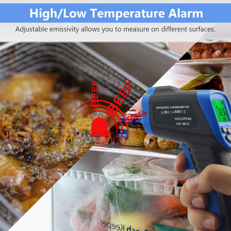 [Australia - AusPower] - HOLDPEAK 981C Digital Laser Infrared Thermometer Non Contact, IR Heat Temperature Gun Instant-Read -58 to 1022℉ (-50 to 550℃) for Cooking, Grill, Pizza Oven, Griddle, Engine, HVAC, Not for Human 2-981C IR Therometer-(DSR:12:1, -58～1022℉) 