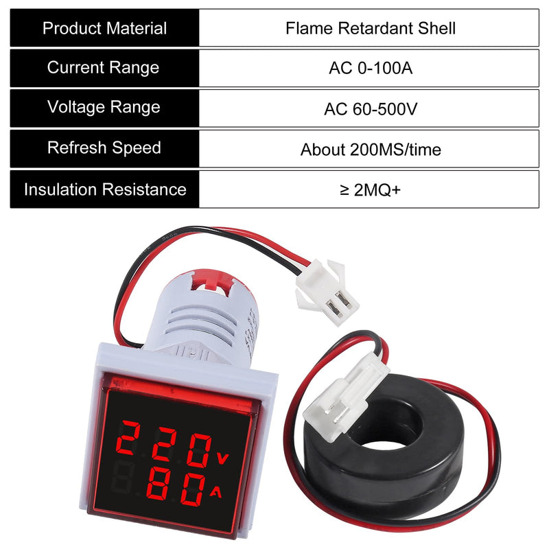 [Australia - AusPower] - 2pcs LED Display Voltmeter Ammeter,22mm Square Dual Display Digital Voltage Gauge Current Tester AC 0-100A 60-500V Meter Indicator(Red) 