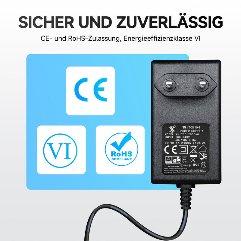 12V 2A Power Supply Adapter, AC to DC 24W 2000mA 1500mA 1000mA 500mA 1.8M 20AWG Power Cord for CCTV Security Cameras, DVRs, LED Strips, Routers, Speakers and Desk Lamps - CE Certified 12V-2A