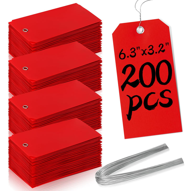 200 Waterproof Writable Plastic Hang Tags - 6 1/4 x 3 1/8, Red