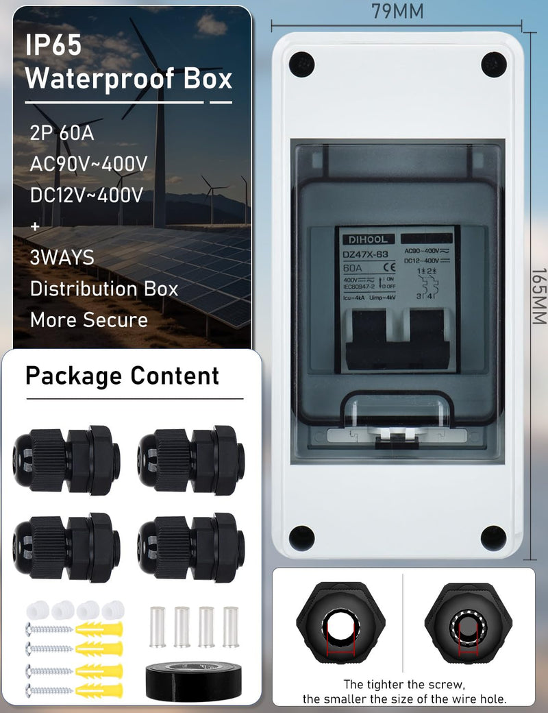 [Australia - AusPower] - DIHOOL 60 Amp Solar Panel Disconnect Switch, DC Miniature Circuit Breaker with DIN Rail Box 60 Amp UV-Proof 
