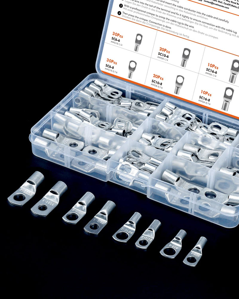 130 pieces cable lugs, tube cable lugs set, ring terminals M6 M8 | Cable lugs set 25 mm² 16 mm² 10 mm² 6 mm², cable lug assortment, for car battery cables 130 Pcs