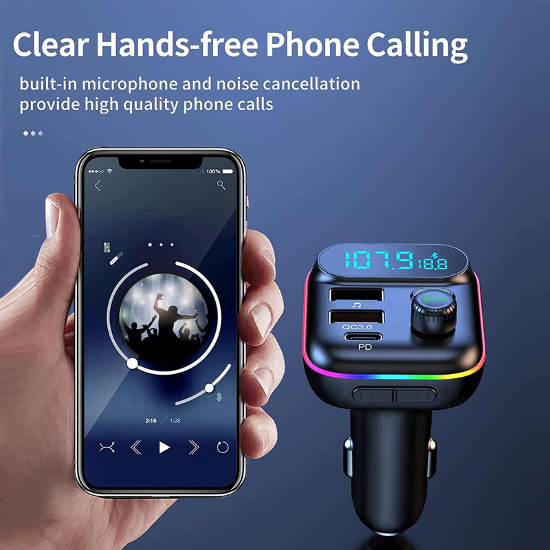 [Australia - AusPower] - Bluetooth Adapter for Car, Wireless FM Radio Transmitter, Wireless Bluetooth 5.0, MP3 Music Player, QC3.0 + PD 20W USB Car Charger, 7 Colors LED Backlit 