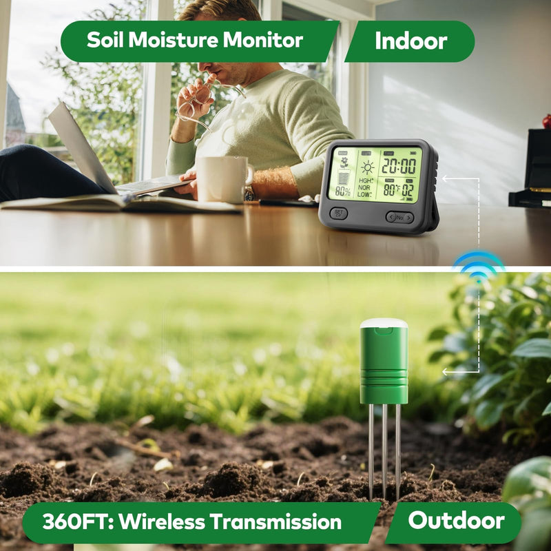 VODESON Soil Moisture Meter for Plants, Multi-Zone Wireless Soil Test Kit & Soil Thermometer, TDR4-in-1 Plant Water Meter, 230ft RF, IPX5 Waterproof, Indoor Outdoor Garden Lawn Farm(Display+2Sensor) Display+2 Sensor