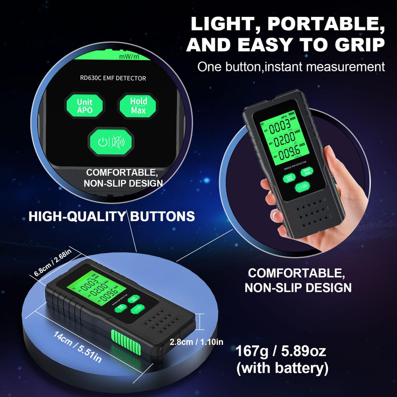 [Australia - AusPower] - EMF Meter 3-in-1, YOJOCK Portable Radiation Detector for EF, MF & RF Signals, Includes Additional Battery and German Instructions EMF Radiation Meter for Home, Office and Outdoor (Green) Green 