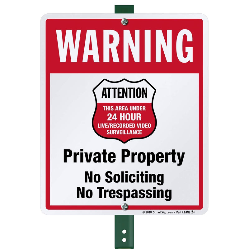 SmartSign 12" x 10" 'Warning - Private Property, No Soliciting/Trespassing, Area Under Surveillance' Yard Sign with 3 ft Stake, 40 mil Laminated Rustproof Aluminum, Red/Black/White