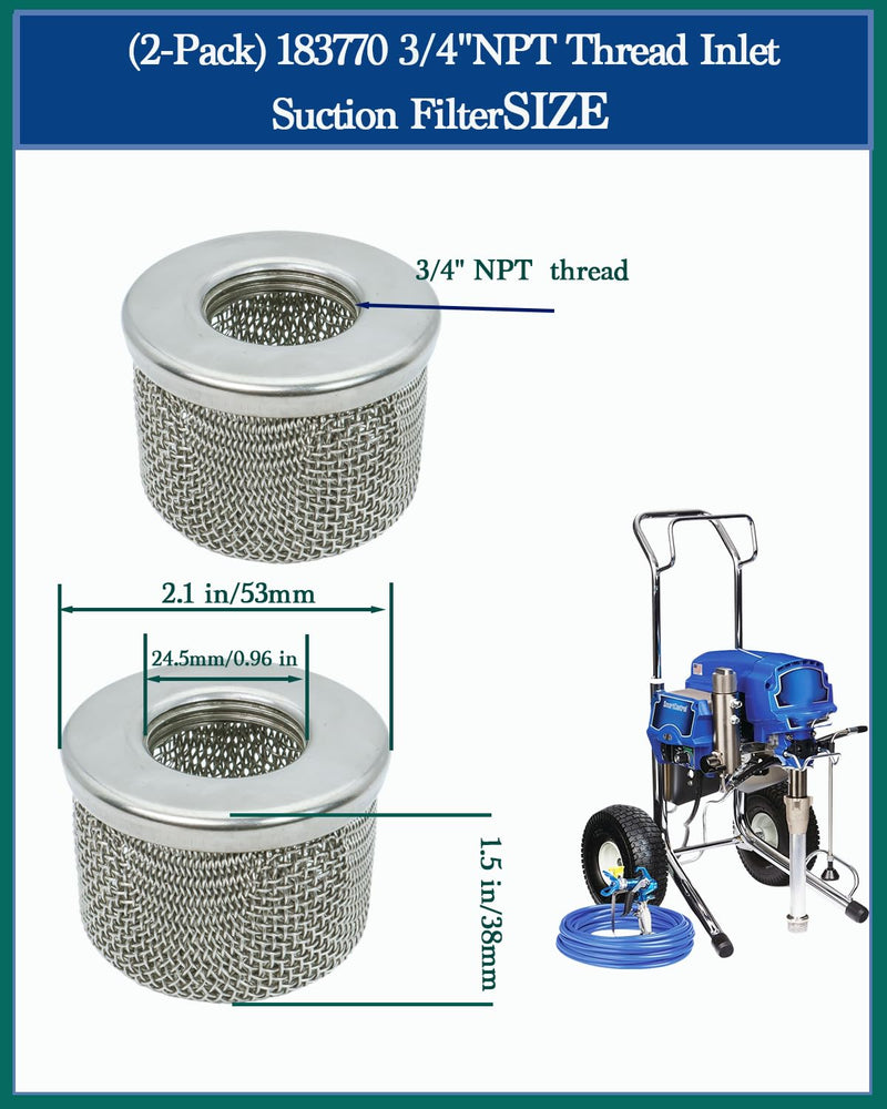 [Australia - AusPower] - (2-Pack) 183770 3/4” NPT Thread Inlet Suction Filter Compatible with Graco 395,455, 495ST, EM 390, 490, Ultra 500,740, Ultimate 500, Ultra Max 695, GM 3000, 3500,LineLazer 3000, 3500, Paint Sprayers 2PC 3/4"NPT Inlet Strainer 183770 