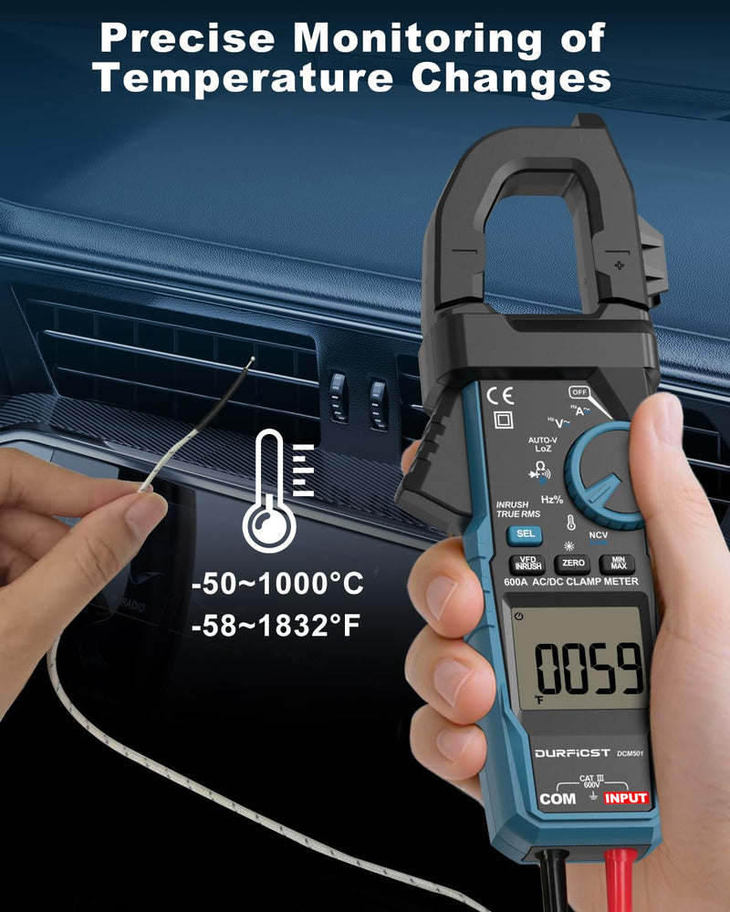 [Australia - AusPower] - Clamp Meter DURFICST Digital Inrush Clamp Multimeter AC/DC 600A 6000 Counts Amp Voltage Tester with VFD, LOZ Mode，Measures AC/DC Current Voltage NCV Temperature Resistance Capacitance Frequency 